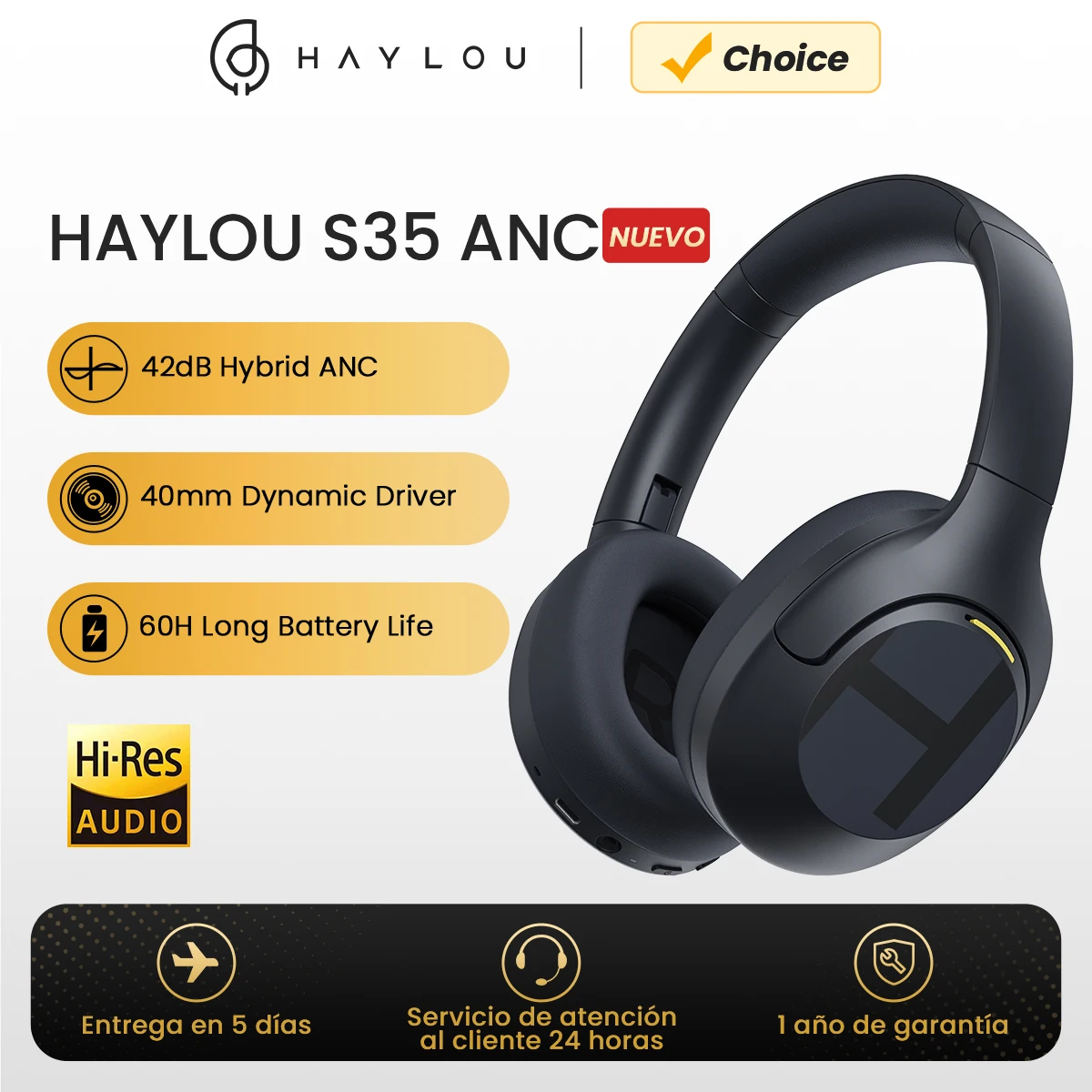 HAYLOU auriculares inalámbricos S35 ANC con Bluetooth 5,2, dispositivo de audio por encima de la oreja con cancelación de ruido, controlador de 40mm, 60H de tiempo de reproducción, 42dB