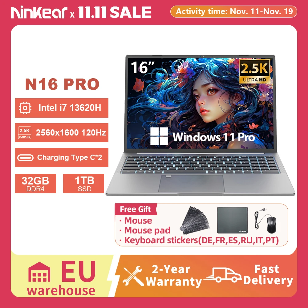 Portátil Ninkear N16 Pro i7-13620H 32GB 1TB 16,2" 2,5K 120Hz