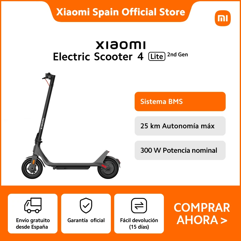 Xiaomi Electric Scooter 4 Lite (2nd Gen) Negro, Sistema BMS , 25 km Autonomía máx, 300 W Potencia nominal