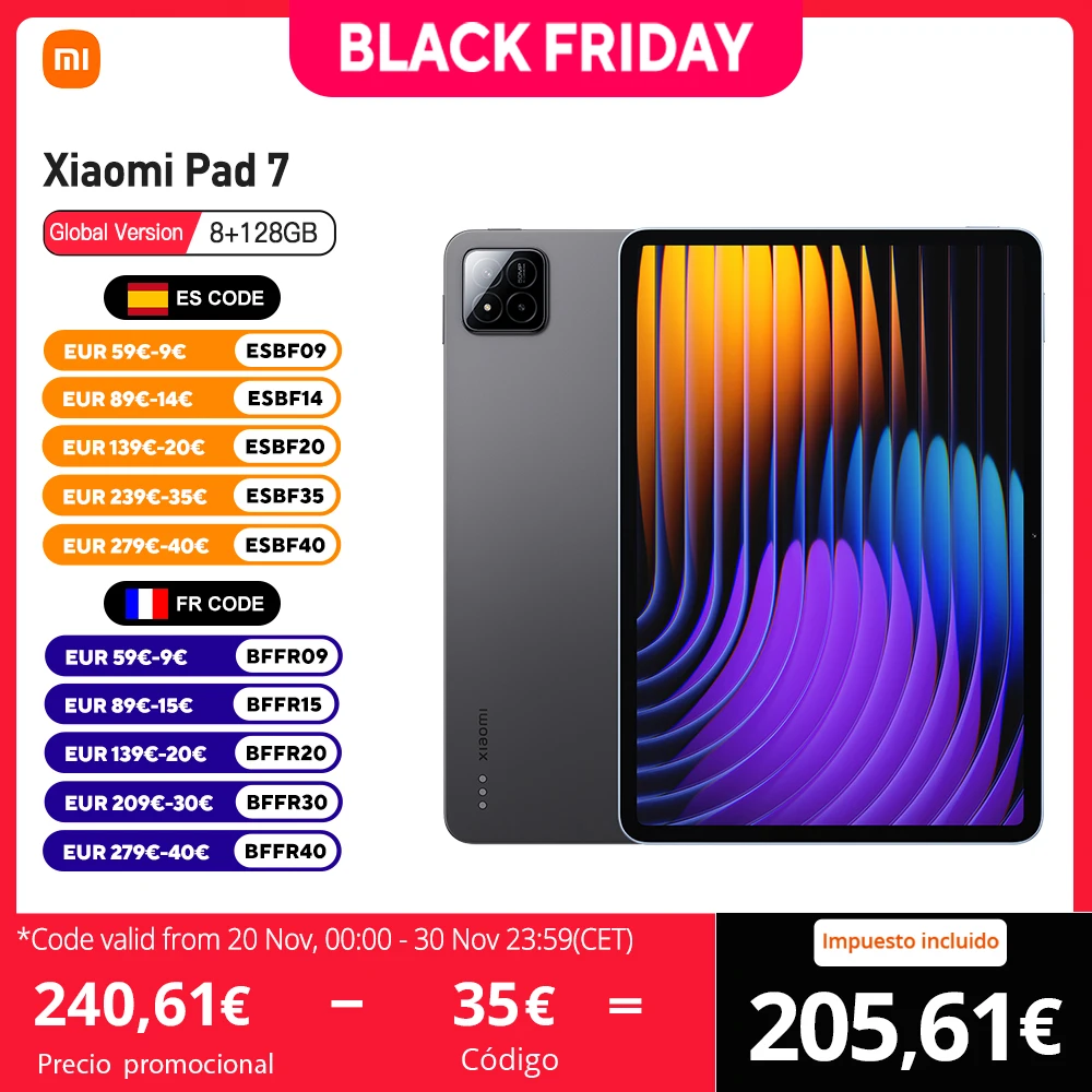 Xiaomi Pad 7 Tableta Snapdragon 7+ Gen 3 Pantalla de 11,2", 3.2K, 144Hz, 13MP, 8850mAh, Dolby Atmos, Wi-Fi 6E, Sin Cargador