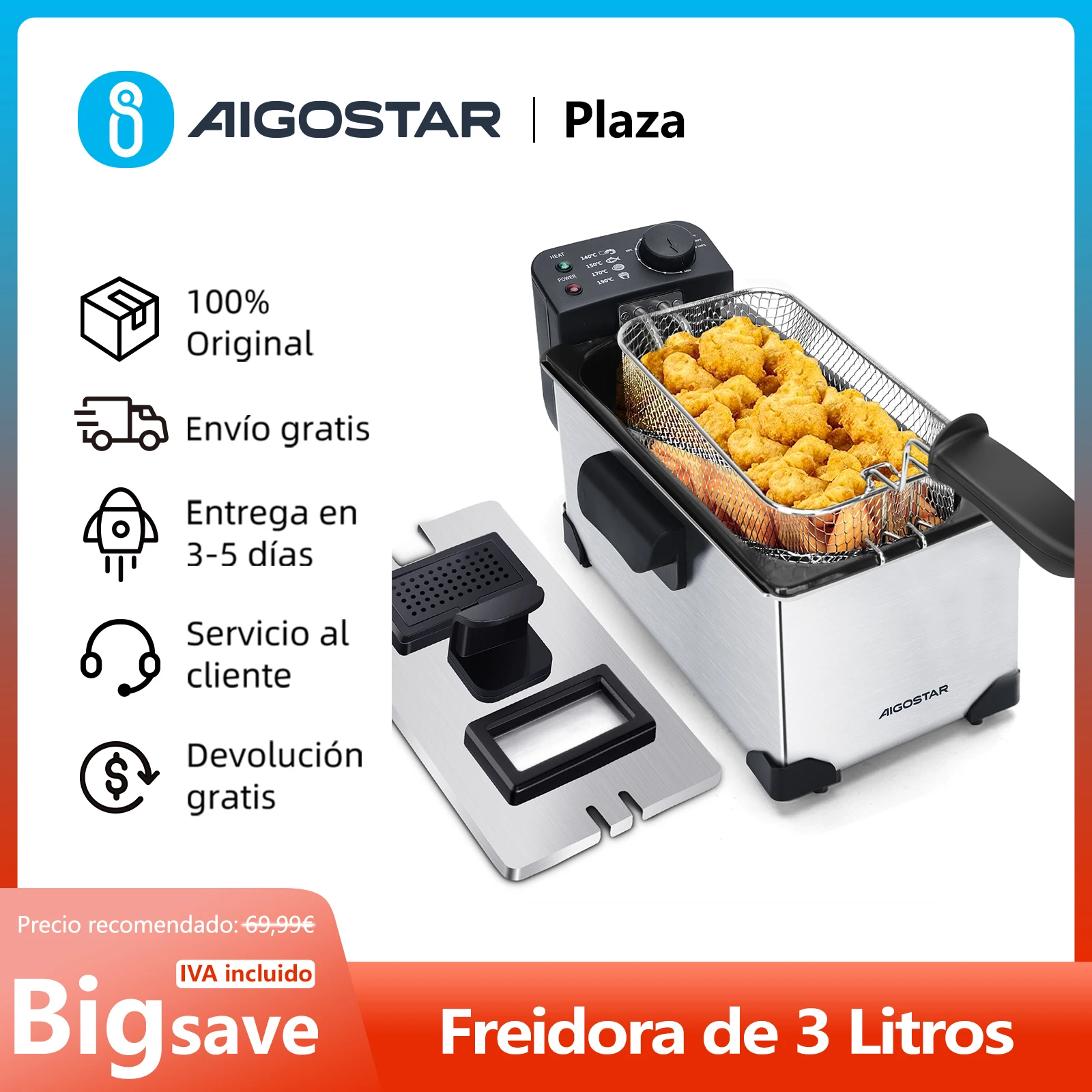 Freidora de 3L acero inoxidable