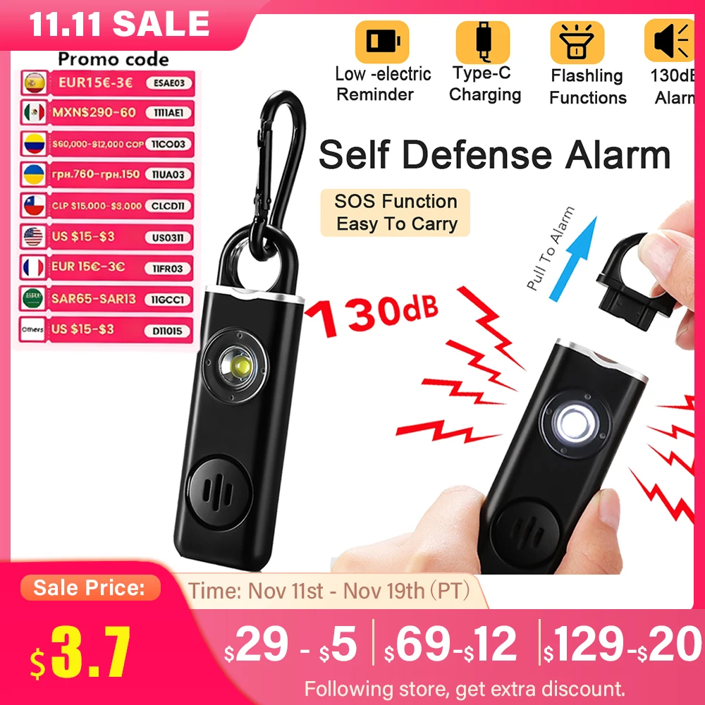 WSDCAM alarma de autodefensa 130dB alarma Personal antilobo para niñas y mujeres alarma de pánico fuerte alarma de emergencia recargable