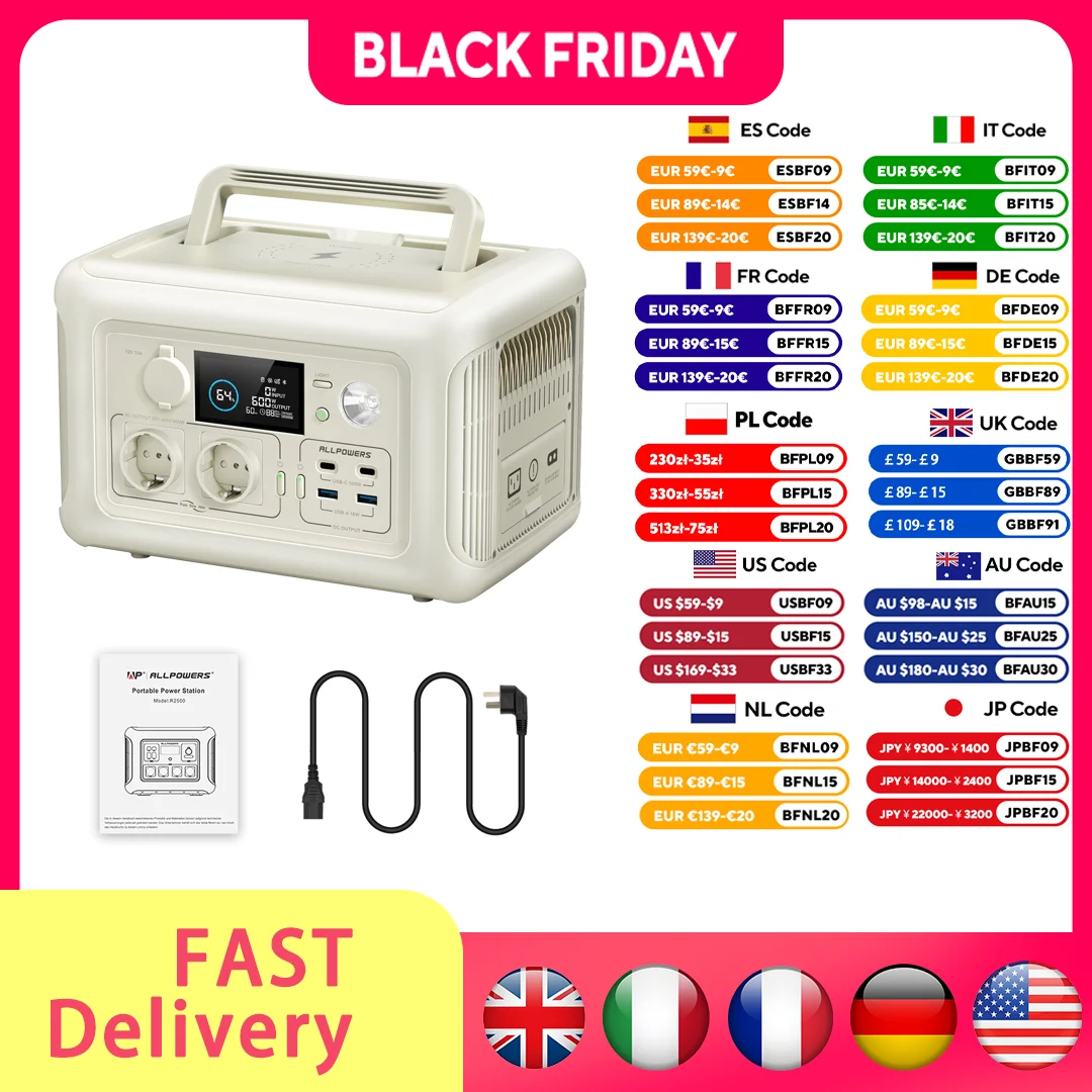 ALLPOWERS R600 Generador portátil 299Wh 600W Estación de energía con salidas de CA Batería LiFePO4 para tiendas de campaña domésticas Camping RV al aire libre