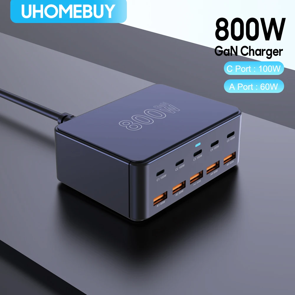 Cargador USB C GaN 800W: carga rápida para dispositivos múltiples.