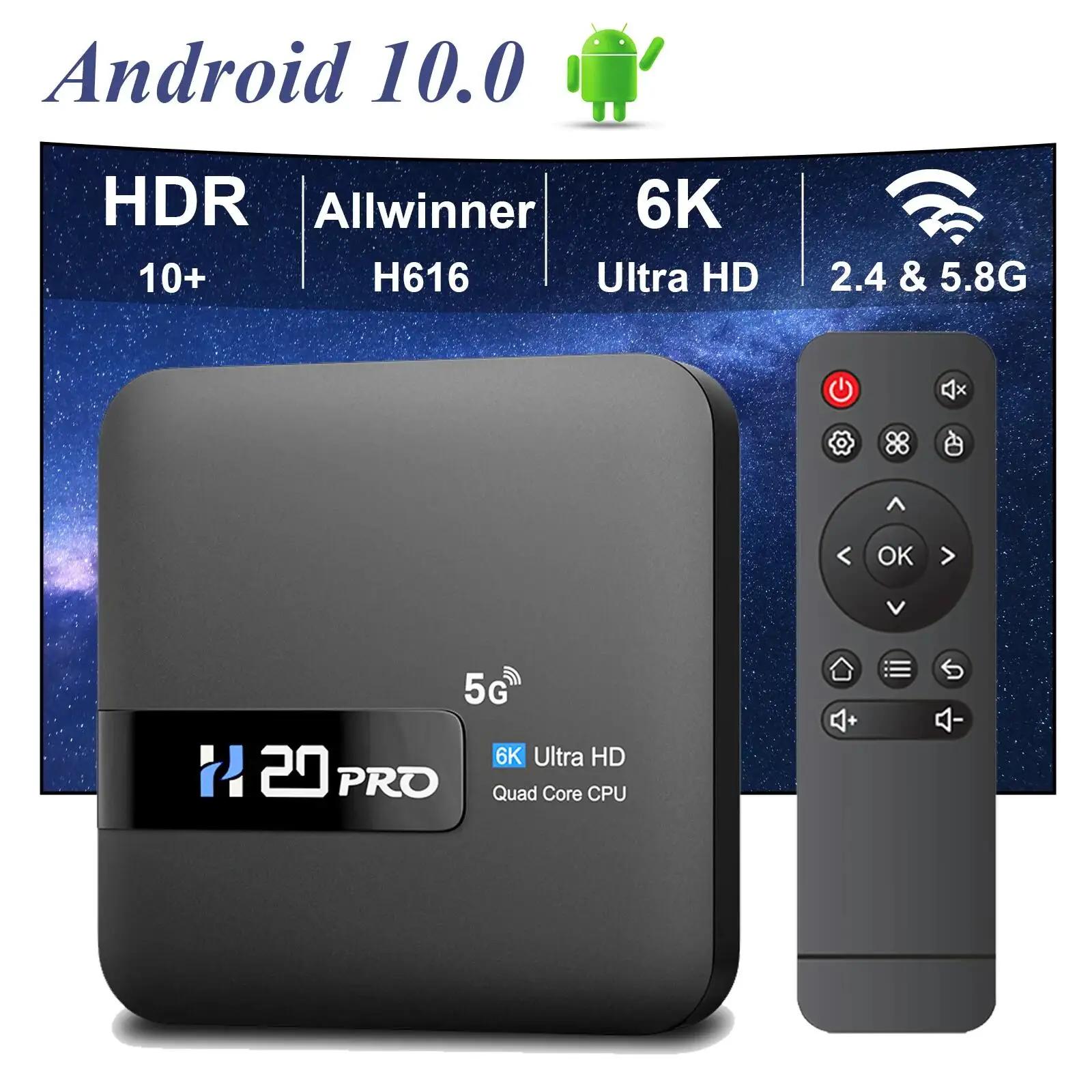 Dispositivo TV inteligente H20PRO: WiFi6, Android 10, 6K, 4K.