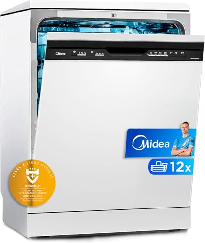 Midea Lavavajillas 60 cm+++ Blanco para 12 servicios - Lavaplatos Libre Instalación con 4 Programas de Lavado, Integrable - Filtro Antibacterias, 49 dB, y Función de Media Carga Nuevo Modelo