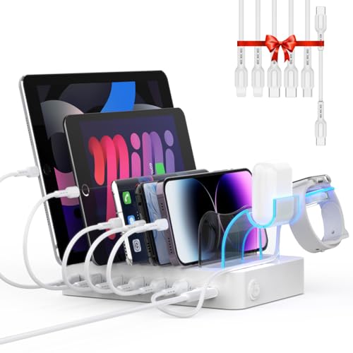 SooPii 60W Estación de Carga de 6 Puertos, PD 20W USB C Carga rápida para lPhone 14/13/12, 2 en 1 i Watch Holder, 6 Cables Cortos incluidos para teléfonos, tabletas y Otros, Blanco