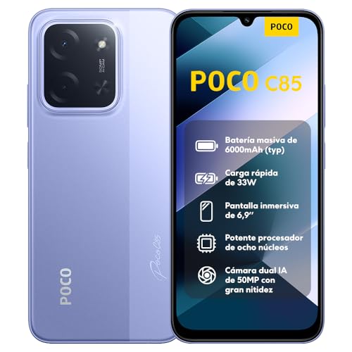 XIAOMI POCO C85 - Smartphone de 8+256GB, Cámara Dual de 50MP con AI, Pantalla inmersiva de 6,9”, Potente procesador Octa-Core, Carga rápida de 33W, 6000mAh, Cargador no Incluido, Morado (Versión ES)