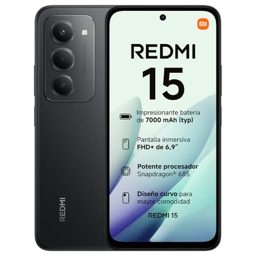 XIAOMI REDMI 15 - Smartphone de 6+128GB, Cámara Dual de 50MP con AI, Pantalla inmersiva de 6,9” FHD+, Snapdragon 685, Carga rápida de 33W, Cargador no Incluido, Negro (Versión ES)