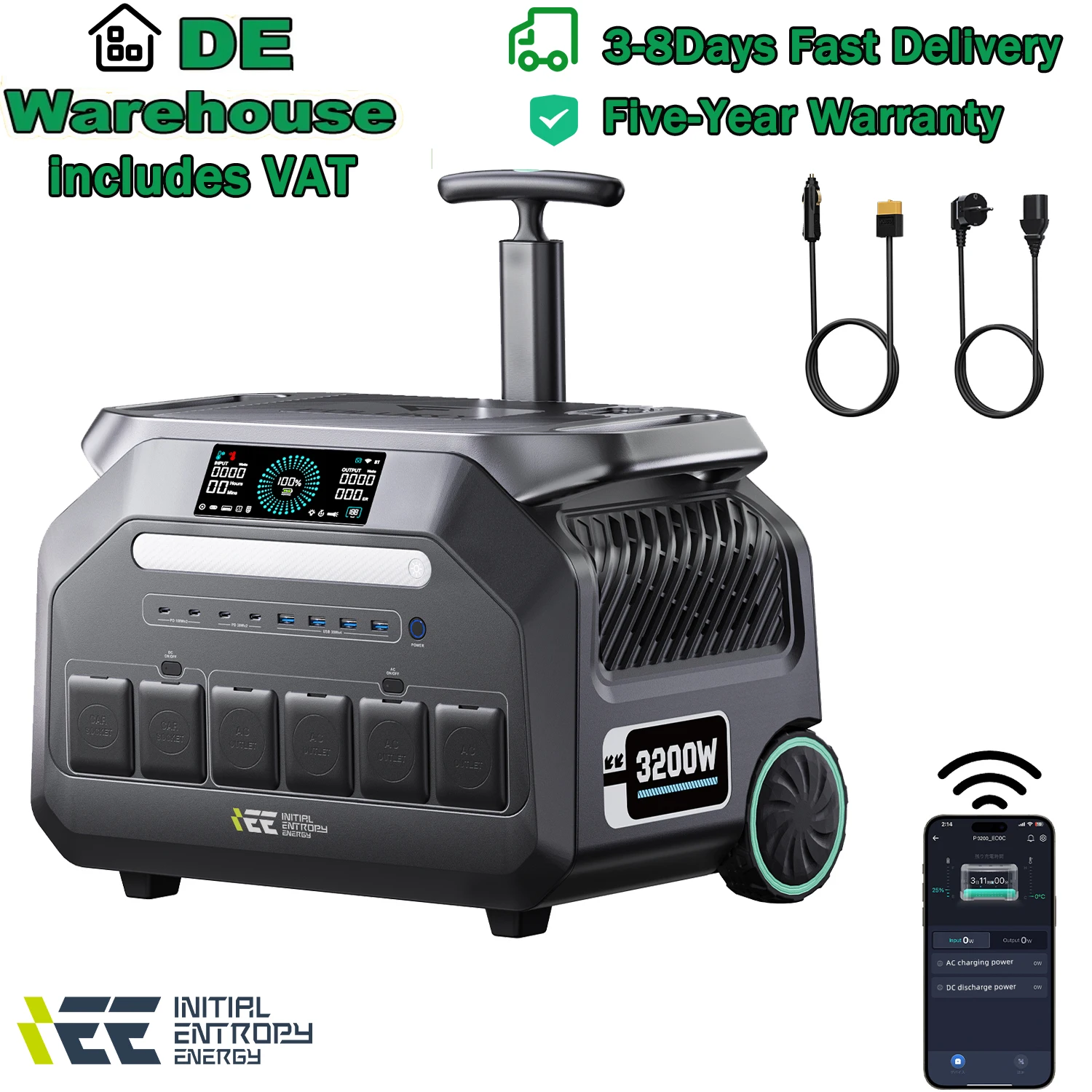 Central eléctrica portátil IEE P3200 de 3200W (salida máxima de 6400 W) UPS SAI Carro de salida CA V con batería de 2048 Wh para RV Camping Van