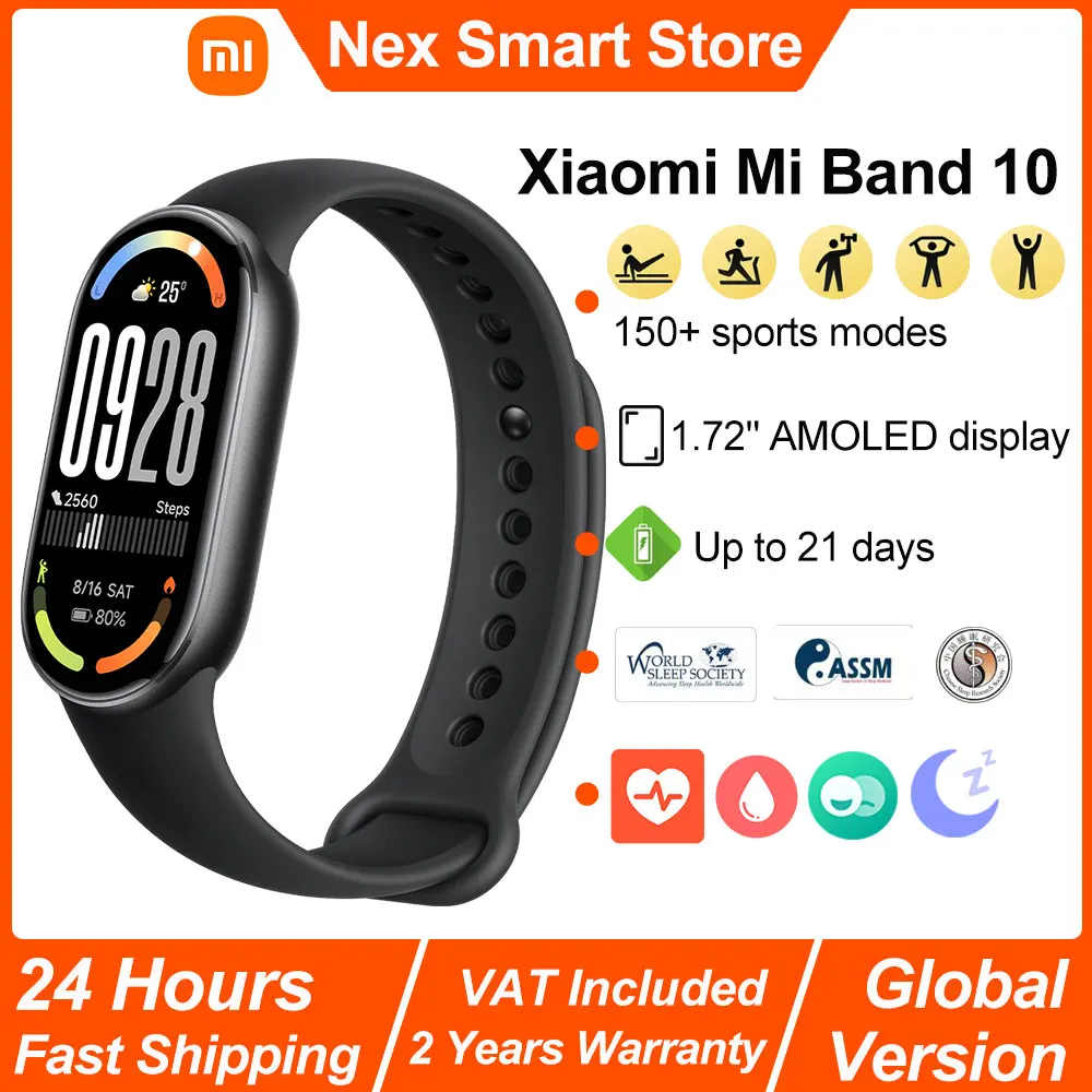 Nueva pulsera inteligente Xiaomi Mi Band 10, pantalla AMOLED de 1,72 pulgadas, monitoreo del ritmo cardíaco y del oxígeno en sangre, más de 150 modos deportivos BT5.4 banda inteligente Versión global