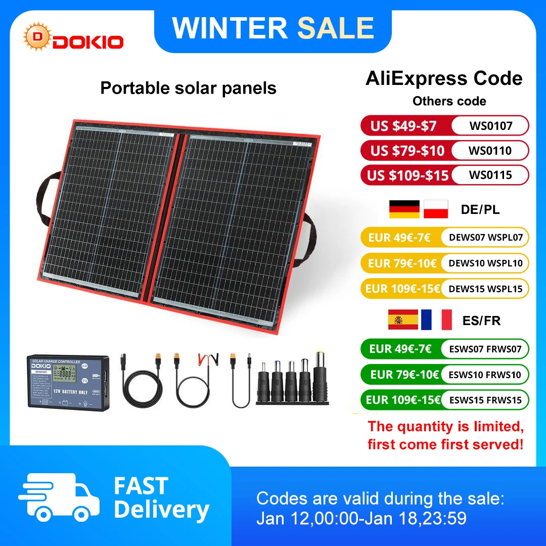 Panel solar plegable portátil Dokio 18V 100/160/200/300 W con controlador de 12V para cargar la batería adecuada para campamento