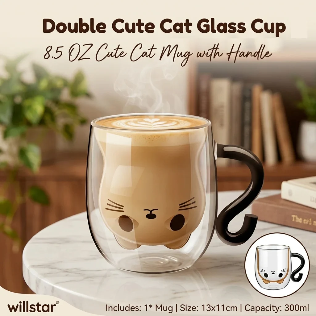 Tazas de doble vacío para gato, tazas de té con asa de 250-300ml, taza de café de vidrio aislado para amantes de los gatos, mujeres, esposa, mamá