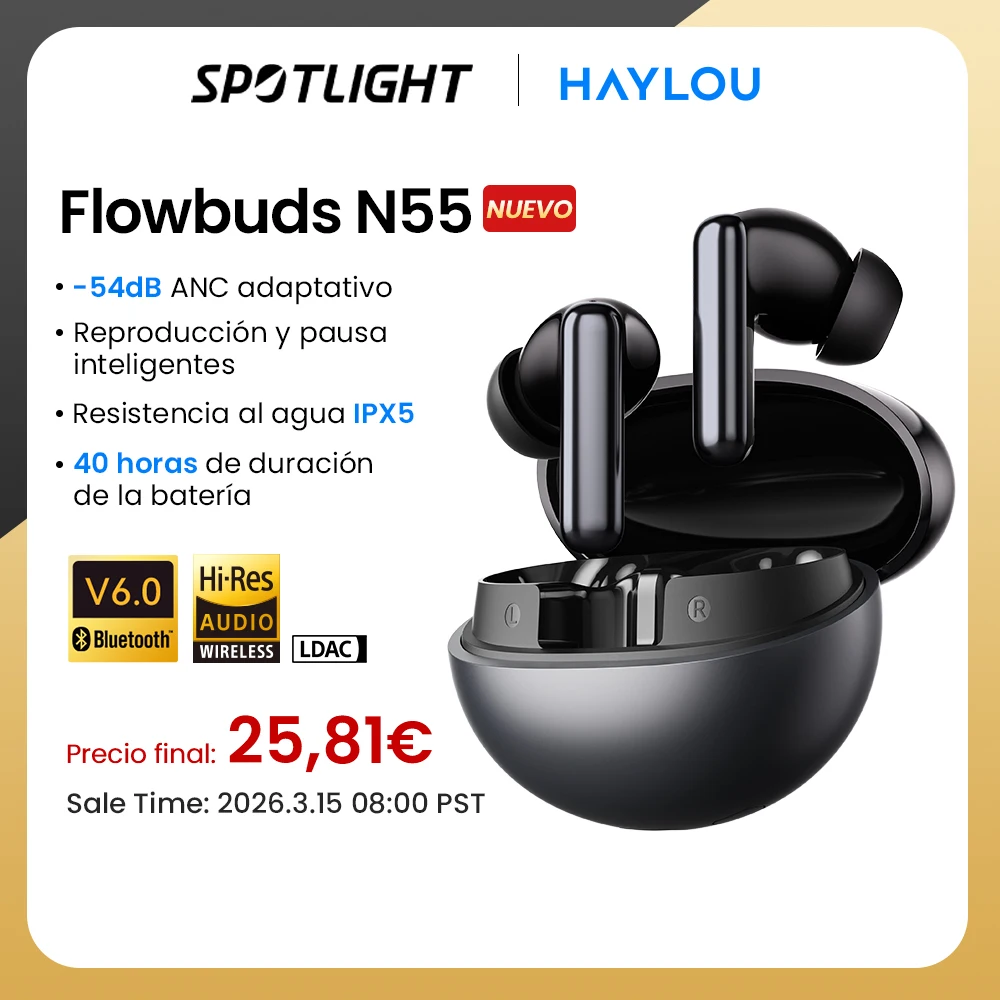 Audífonos Inalámbricos HAYLOU Flowbuds N55, Cancelación de Ruido Adaptativa de 54dB, Bluetooth 6.0, Audio de Alta Resolución LDAC, 6 Micrófonos, Llamadas HD, 40 Horas de Reproducción, IPX5