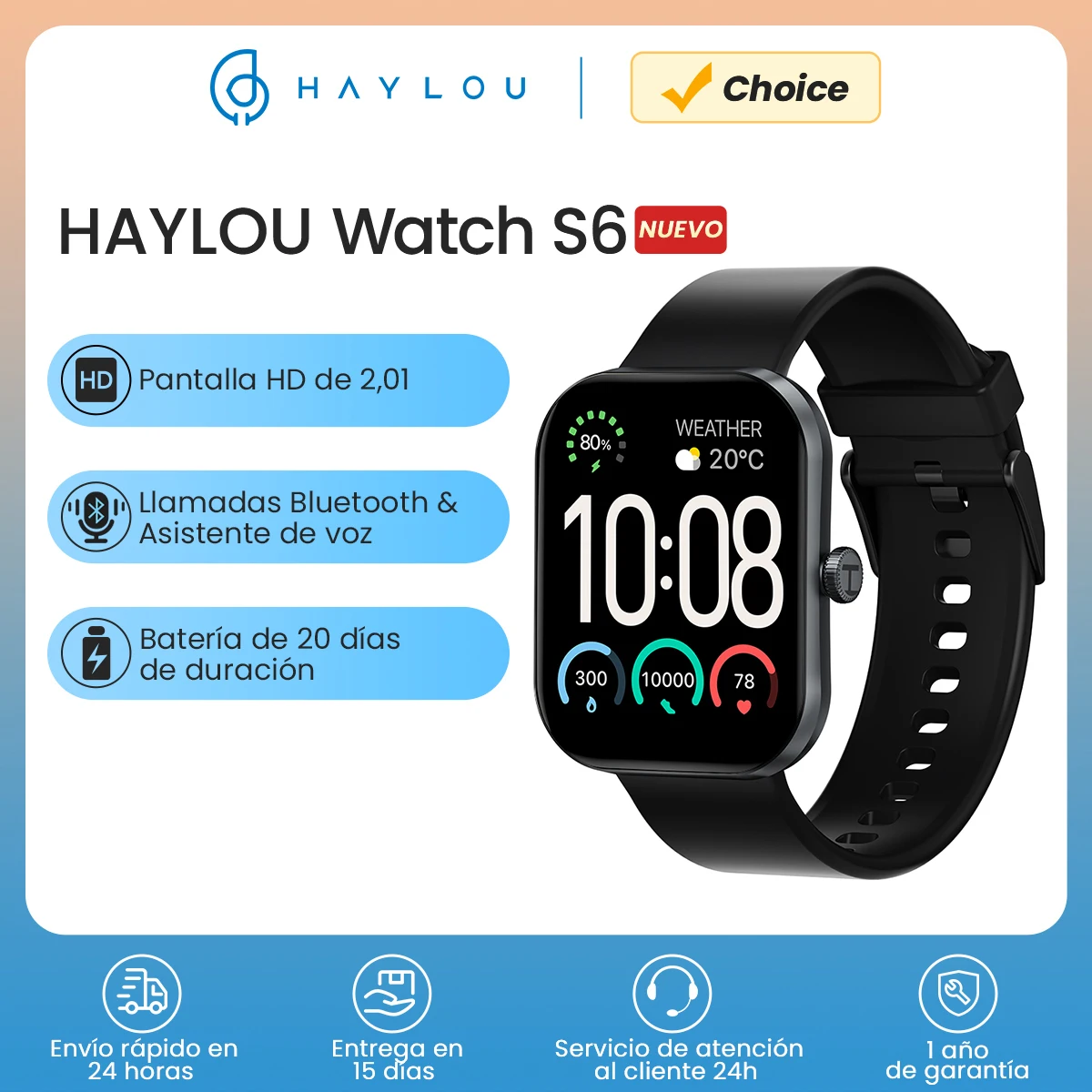 HAYLOU reloj inteligente S6, dispositivo resistente al agua IP68, con pantalla HD de 2,01 pulgadas, Bluetooth, llamadas por voz y seguimiento de Fitness