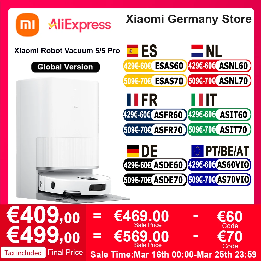 Xiaomi Robot Vacuum 5/5 pro Versión Global control de voz inteligente 20000Pa La succión Xiaomi más fuerte favoriza el camino de limpieza Levante y reduce los espacios LDS y limpia el limpiador de brazos robótico doble expandible que reduce los entornos del cabello (X20+ actualiza)