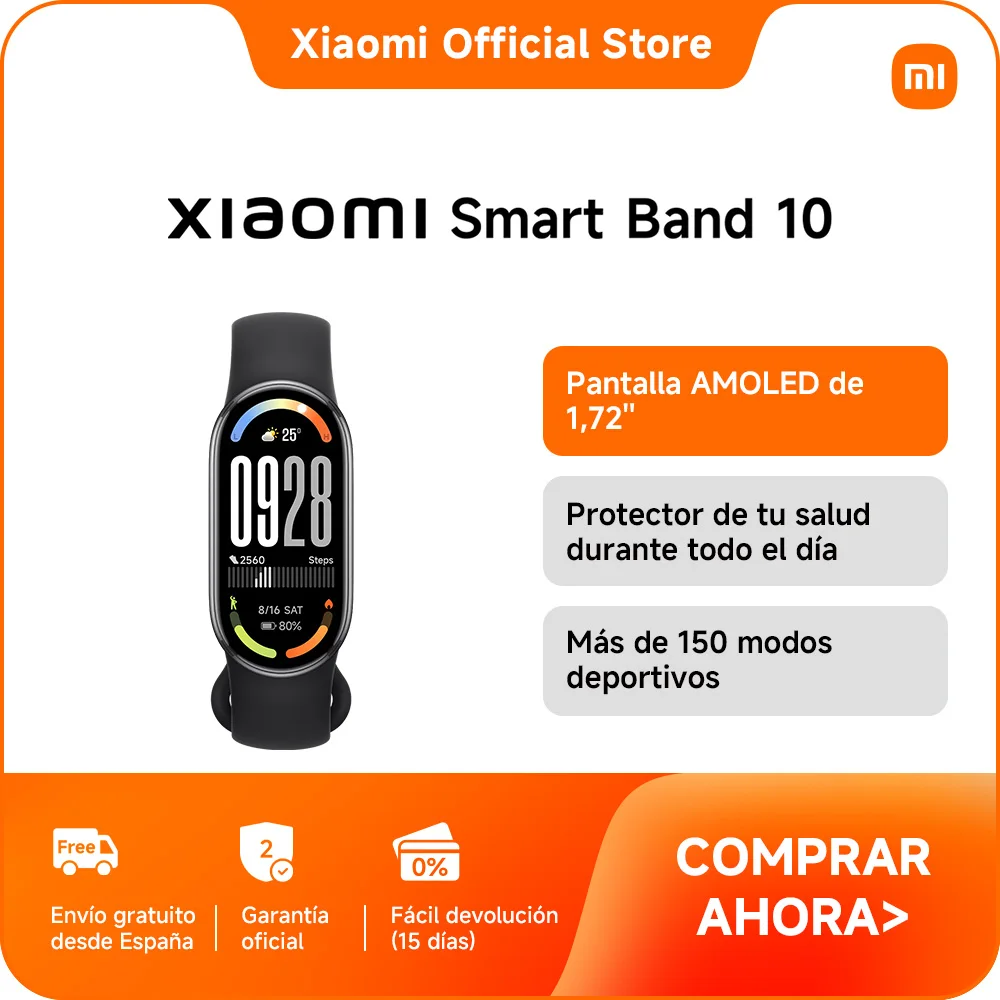 Xiaomi Smart Band 10 Negro medianoche, Pantalla AMOLED de 1,72" con biseles ultrafinos, Sueño mejorado con orientación personalizada, Bateria de larga duración de hasta 21 dias