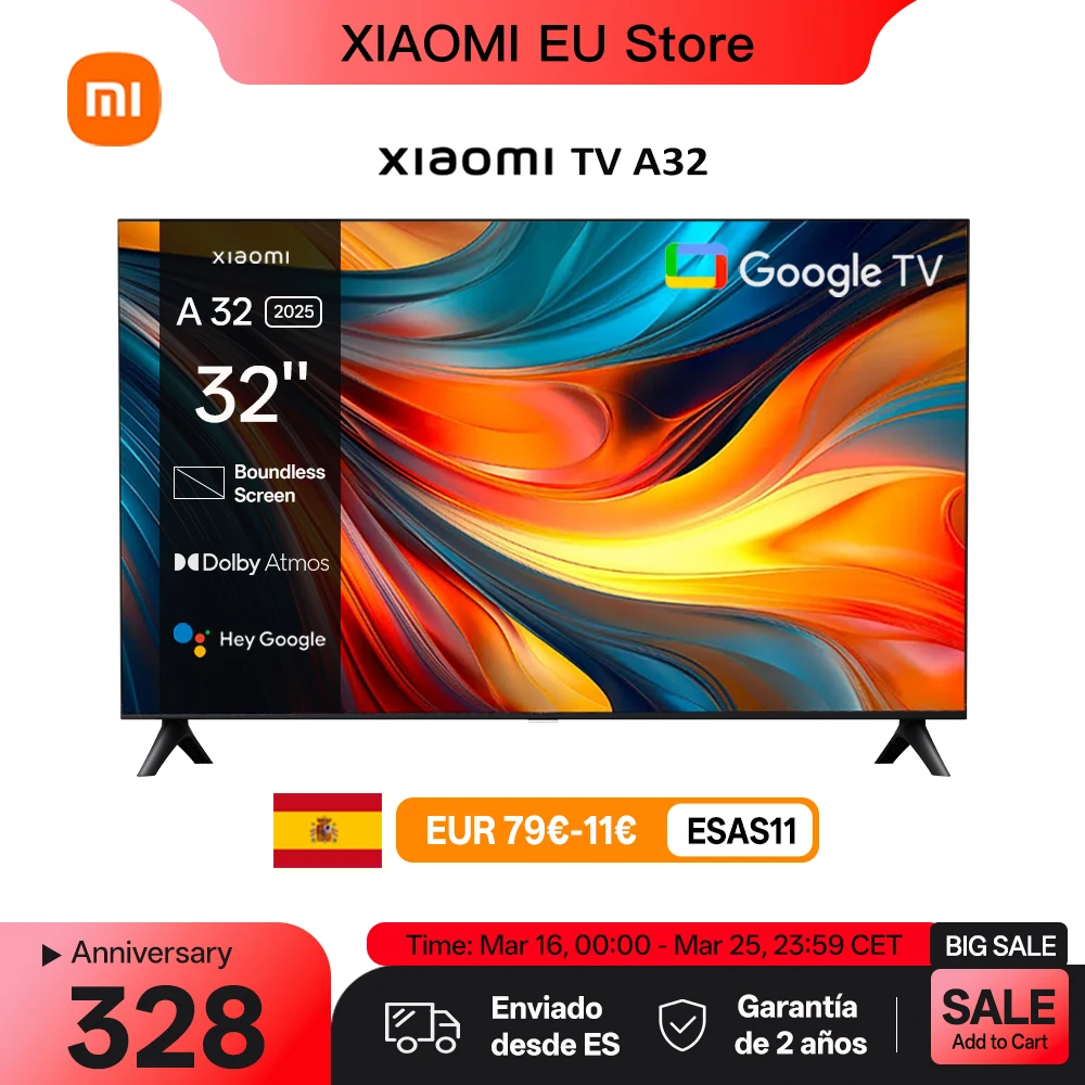 Xiaomi TV A 32, Tamaño compacto con pantalla colorida, sonido dinámico con audio Dolby , DTS-X y DTS Virtual:X, Fini metálico de alta gama