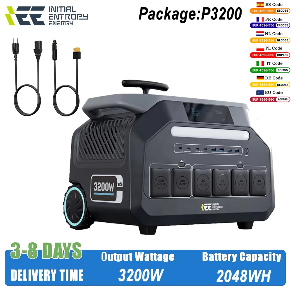 Central eléctrica portátil IEE P3200 de 3200 W (salida máxima de 6400 W) Carro de salida CA V con batería de 2048 Wh para RV Camping Van