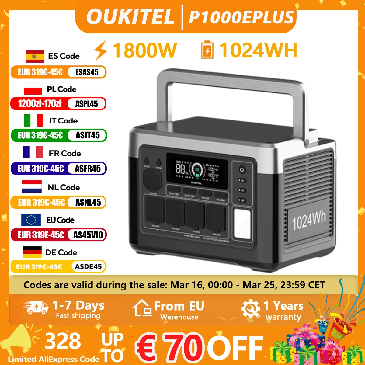 Estación de Energía Portátil OUKITEL P1000 PLUS de 1800W, Batería Lifepo4 de 1024Wh, Generador Solar, Respaldo para el Hogar, Camping al Aire Libre, Energía Móvil