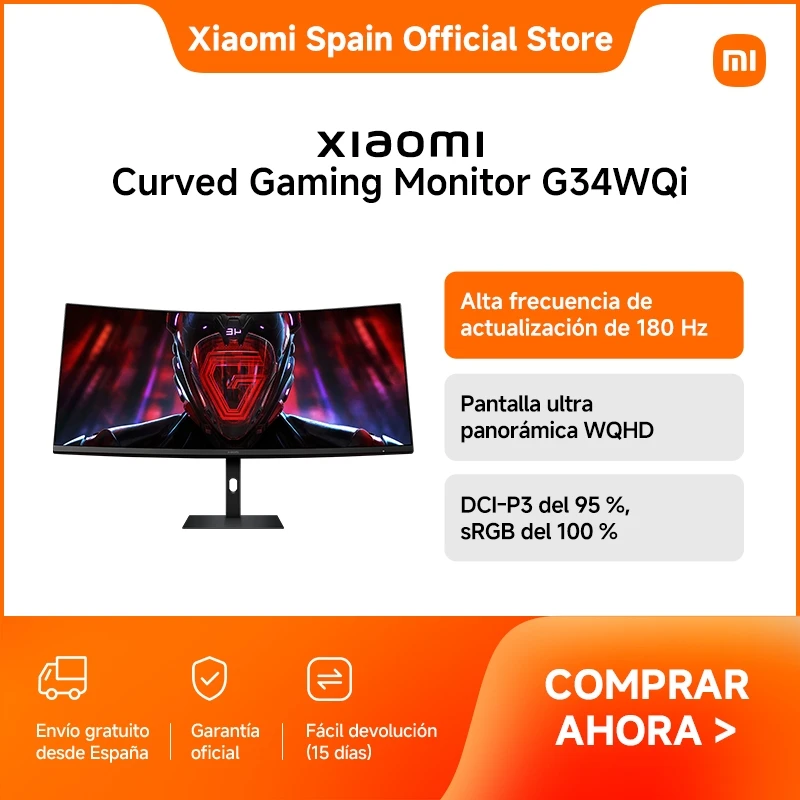 Oficial | Xiaomi Curved Gaming Monitor G34WQi, Alta frecuencia de actualización de 180 Hz, Pantalla ultra panorámica WQHD, DCI-P3 del 95 %, sRGB del 100 %