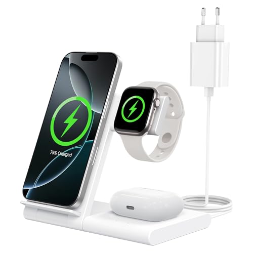 WATOE Cargador Inalámbrico 3 en 1 para iPhone 17/16/15/14/13/12, Estación de Carga Rápida 15W para Apple Watch Ultra/SE/Serie y AirPods Pro, Base Plegable de Escritorio y Mesilla