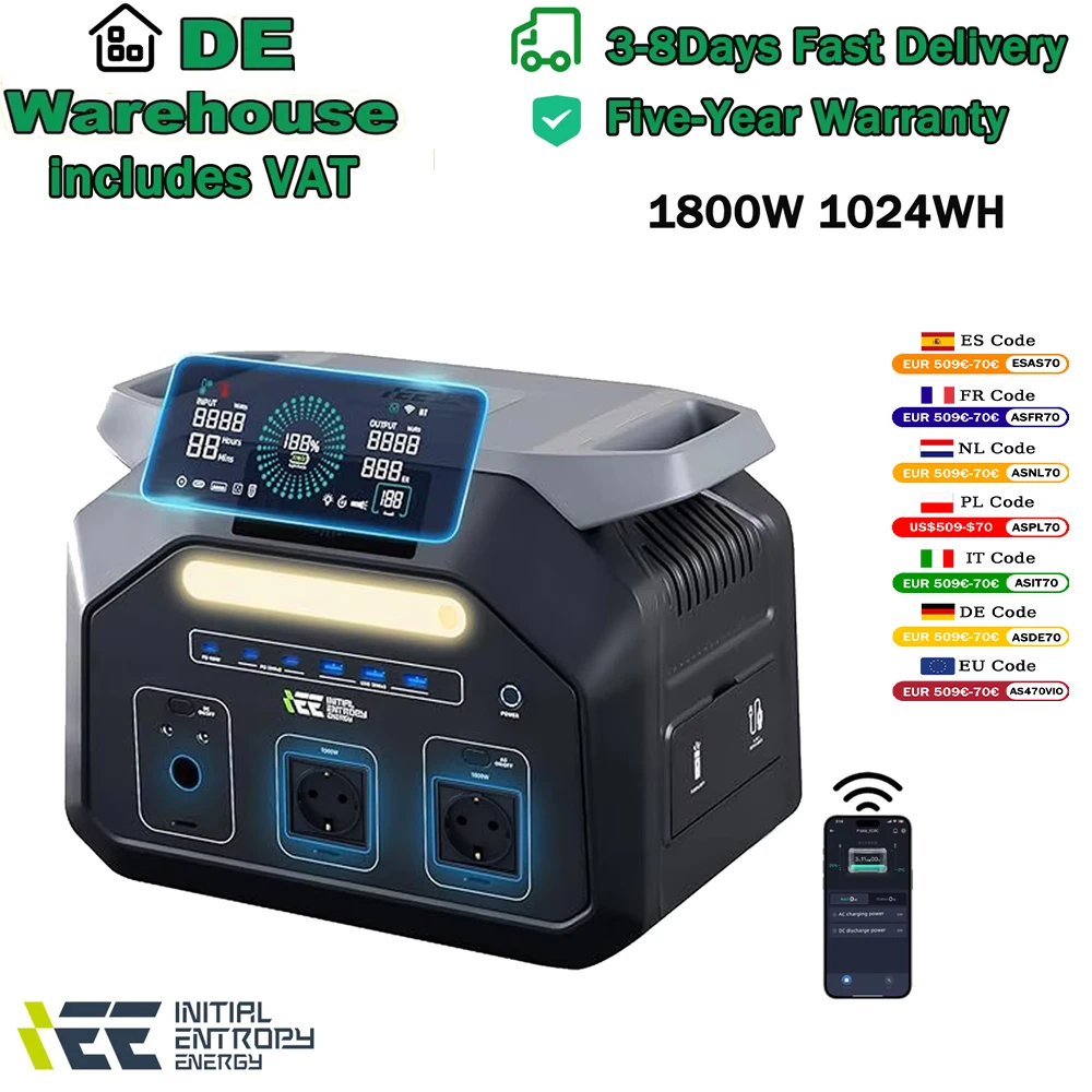 Estación de Energía Portátil IEE P1800, Generador Solar de 1800W, Batería LiFePO4 de Grado EV de 1024wh, 11 Puertos de Salida, Banco de Energía de 220V y 3600W de Potencia Máxima