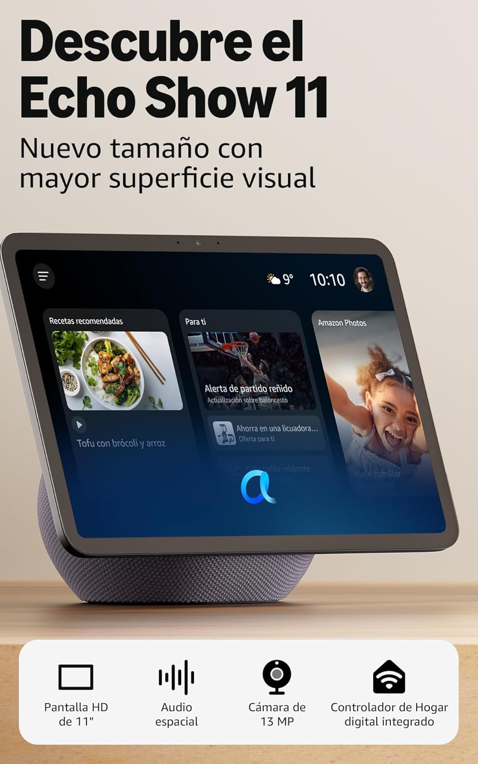 Amazon Echo Show 11 (última generación): pantalla Full HD de 11", con colores brillantes, más espacio de interfaz y audio espacial (gris grafito), con Acceso Anticipado a Alexa+