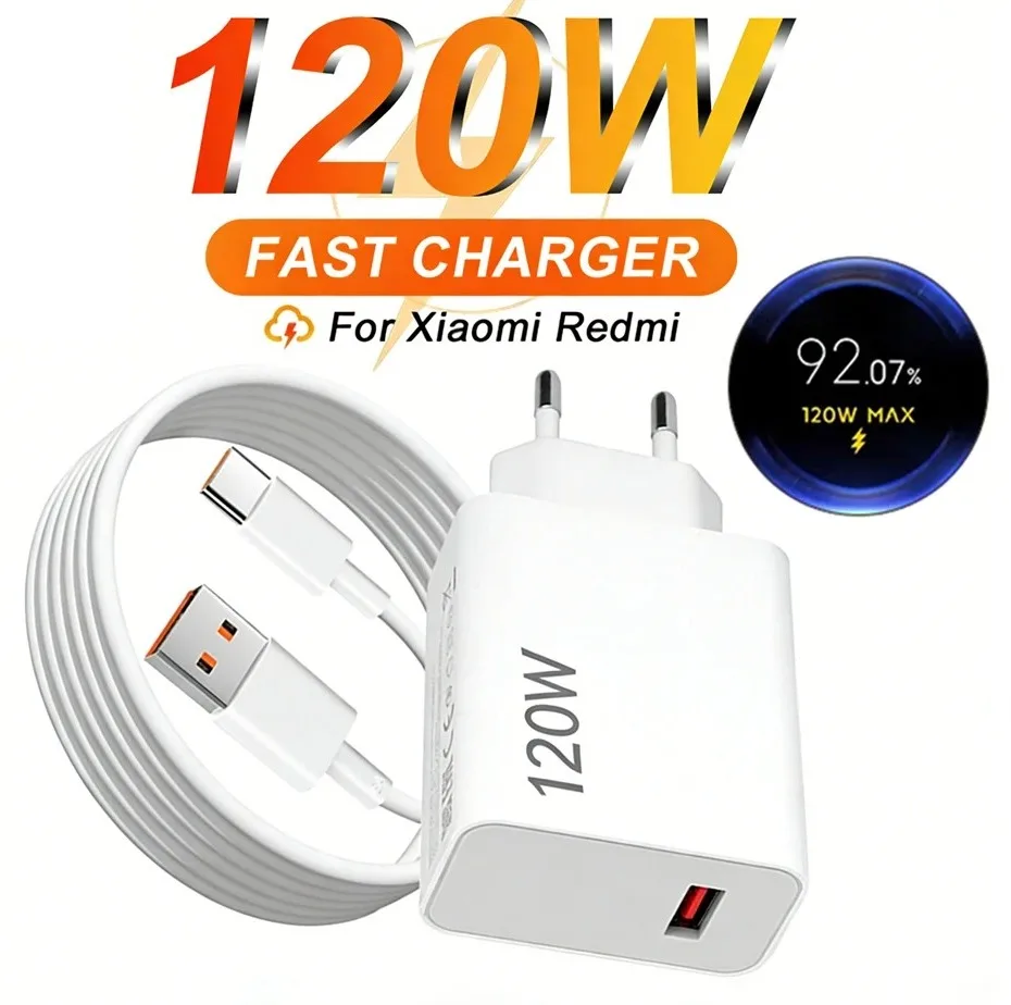 Cargador 120W Turbo de Carga Rápida Adaptador EU Para Xiaomi 10 11 12 13 14 15 PRO Redmi Note 15 14 13 12 11 Pro Plus 5G Poco F5 X6 Pro Enchufe de Pared Hiperrápida Adaptador de Corriente Tipo C Cable para Teléfono Móvil Accesorios de Carga Cable de Datos