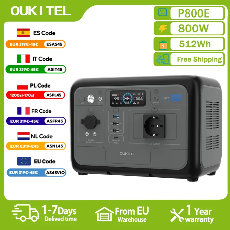 Estación de Energía Portátil OUKITEL P800E, Generador Solar de 800W, Batería Lifepo4 de 512Wh, Respaldo de Energía para el Hogar, Camping al Aire Libre, Energía Móvil
