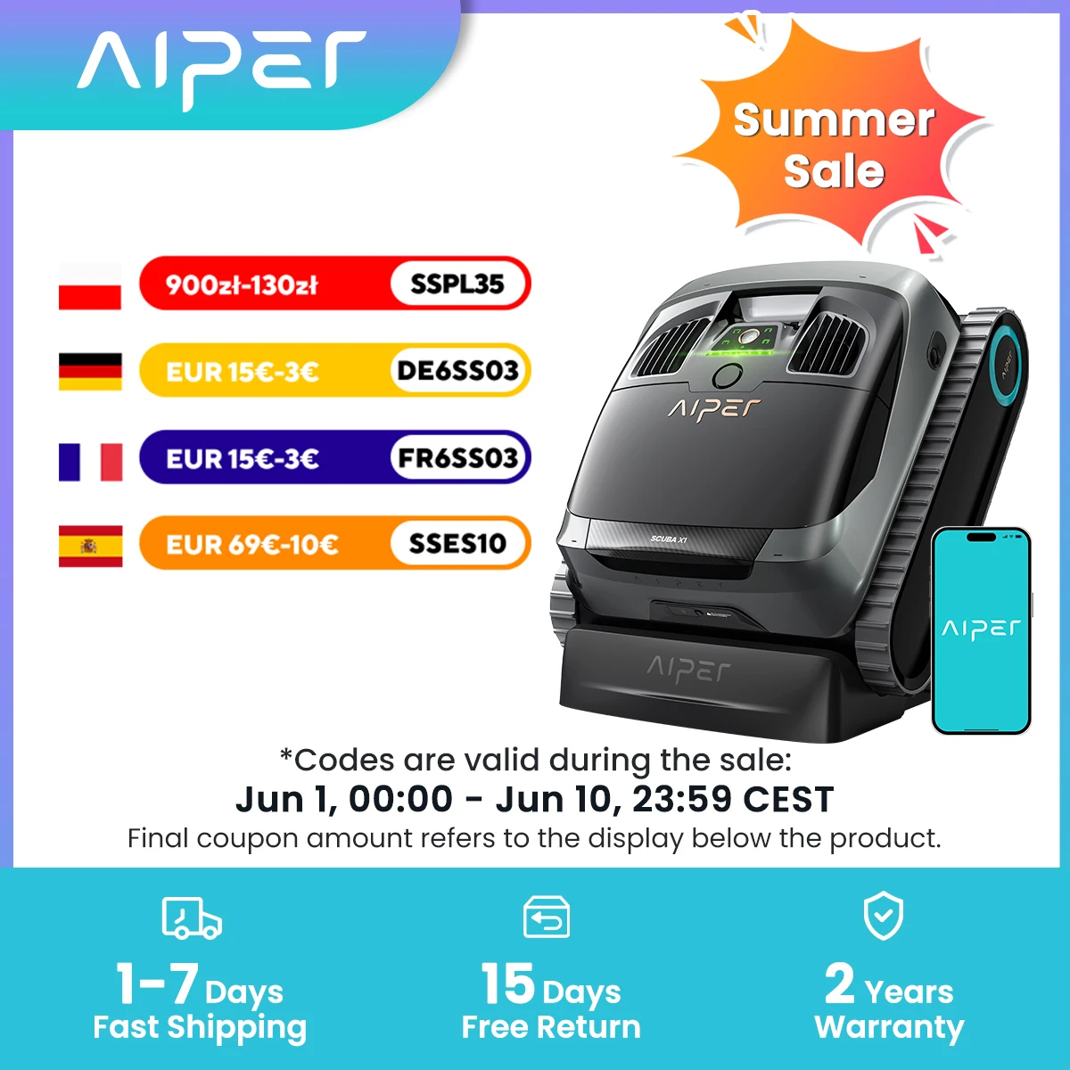 Limpiador de Piscinas AIPER Scuba X1 Reacondicionado, Doble Filtración, Base de Carga Inalámbrica, Potente Succión, Fregado 4 en 1 con Navegación Inteligente, Sensores de Alta Precisión, Soporte para Aplicaciones,