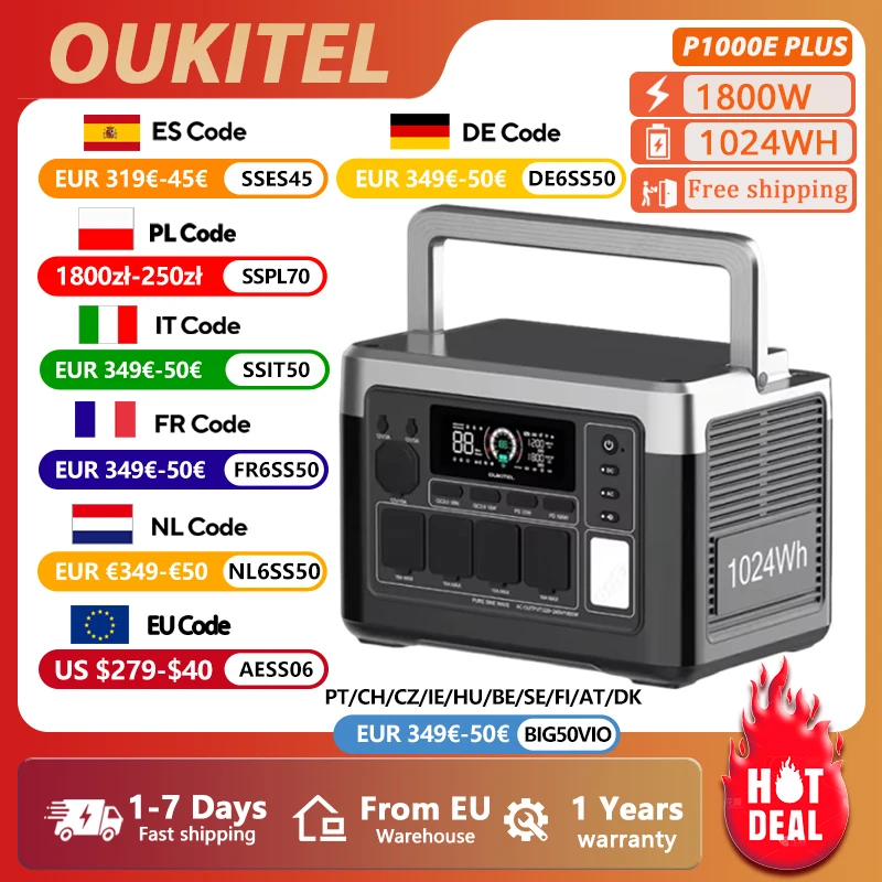 OUKITEL P1000 PLUS 1800W Estación de energía portátil 1024Wh Lifepo4 Generador solar con batería, respaldo para el hogar Camping al aire libre Energía móvil
