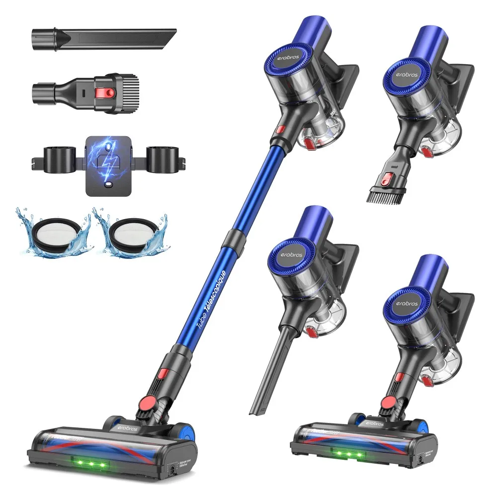 Aspiradora inalámbrica Erabros EV2, 450W 55Kpa de alta succión, pantalla LED, aspiradora de mano tipo palo para pisos, alfombras y pelo de mascotas