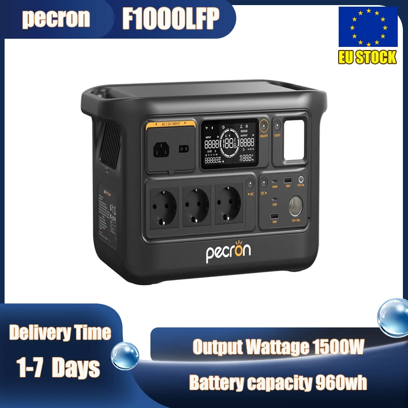 Estación de Energía Portátil PECRON F1000LFP de 960 Wh con UPS de Onda Sinusoidal Pura de 1500 W, Batería LiFePO4, 230 V EU, para Acampar al Aire Libre, Autocaravanas, Emergencias en el Hogar, Generador Solar