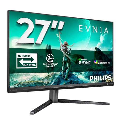 Philips Evnia 27M2N3800A - Monitor para Juegos Ultra HD de 27 Pulgadas, 160 Hz, 0,5 ms MPRT, HDR400, compatibilidad con G-Sync (2 HDMI 2.1, 1 DisplayPort 1.4, concentrador USB), Color Negro y Gris