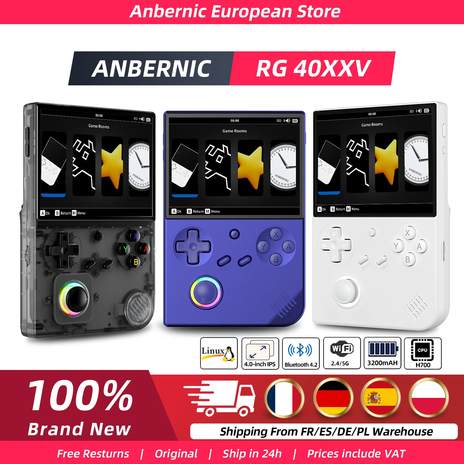 ANBERNIC RG40XXV Consola de juegos portátil retro Linux de 64 bits Pantalla IPS de 4,0 pulgadas compatible con WiFi 5G Bluetooth compatible con salida HD