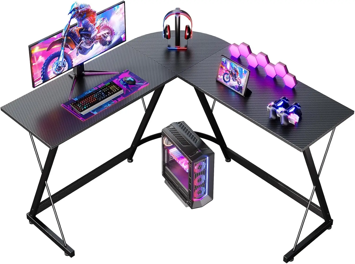Coleshome Mesa de Juego 120x120 cm Escritorio de Juego en Forma de L Estable de Fibra de Carbono Negro
