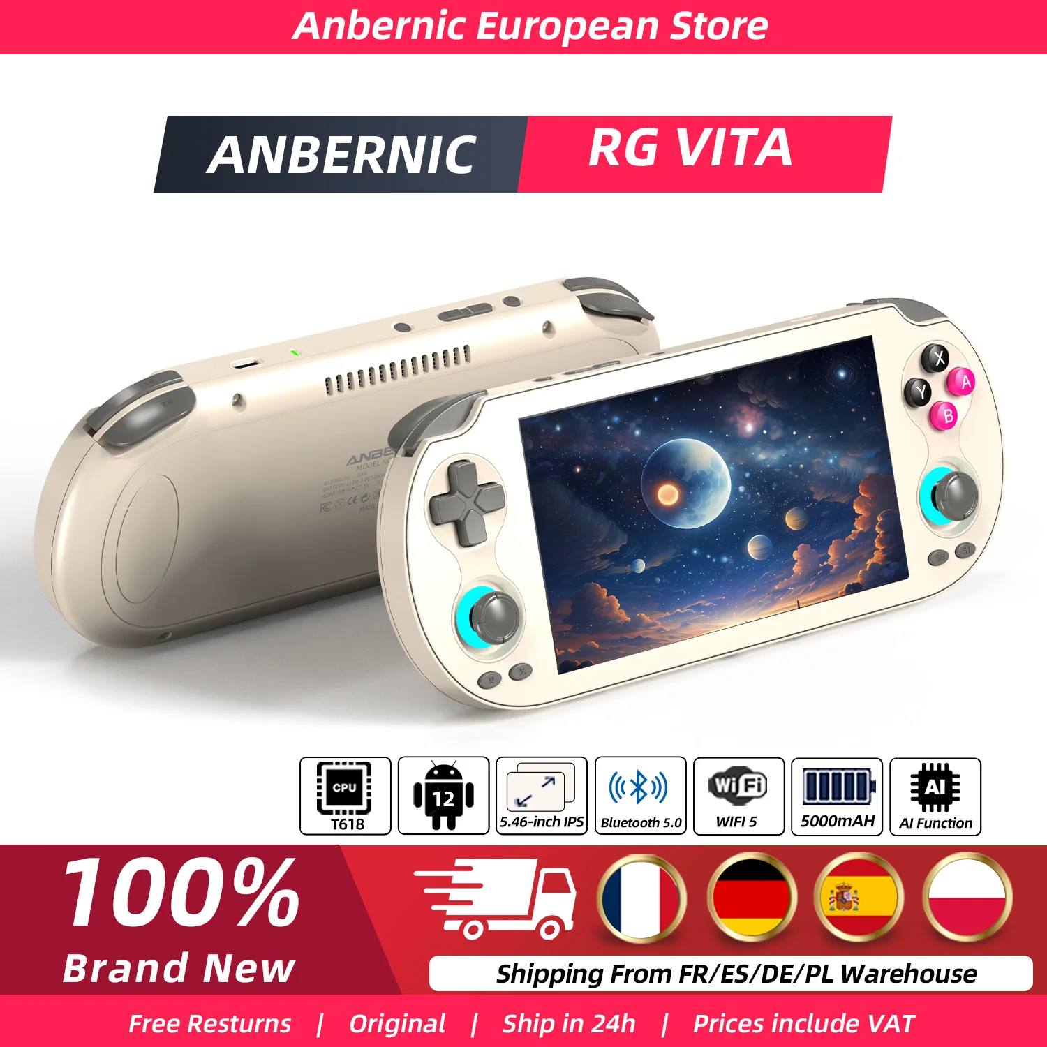 Consola de Juegos Retro Anbernic RG Vita, Pantalla Táctil IPS de 5.46 Pulgadas, 3GB+64GB de Almacenamiento, Batería de 3000mAh, Dispositivo de Juego con Android 12