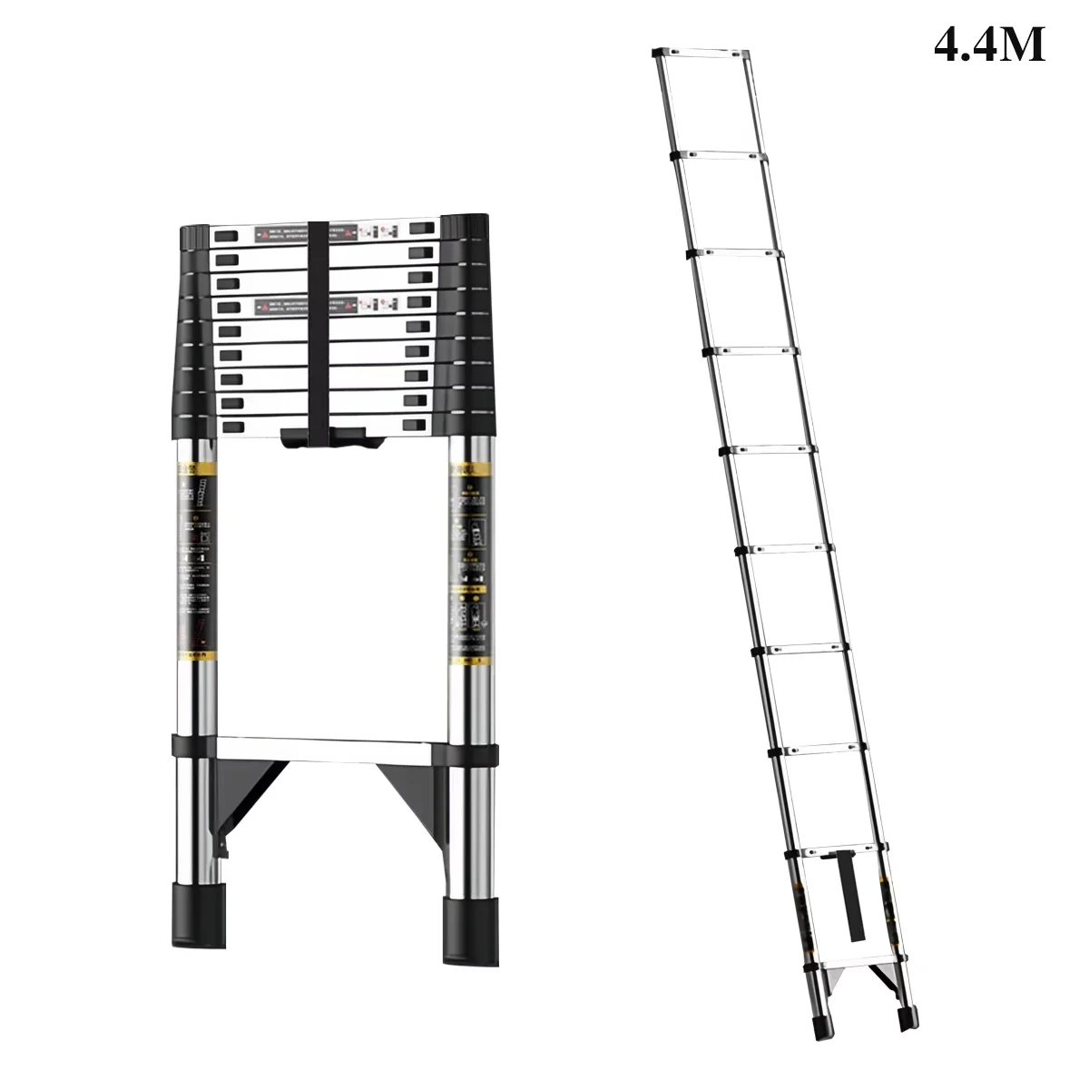 Escalera Telescópica de Acero Inoxidable de 2.6M-6.3M con Ganchos Desmontables y Barra Estabilizadora, Certificación EN131, Carga Máxima de 150kg, Escalera Portátil Retráctil con un Solo Botón, Antideslizante, Multiusos para Interiores y Exteriores