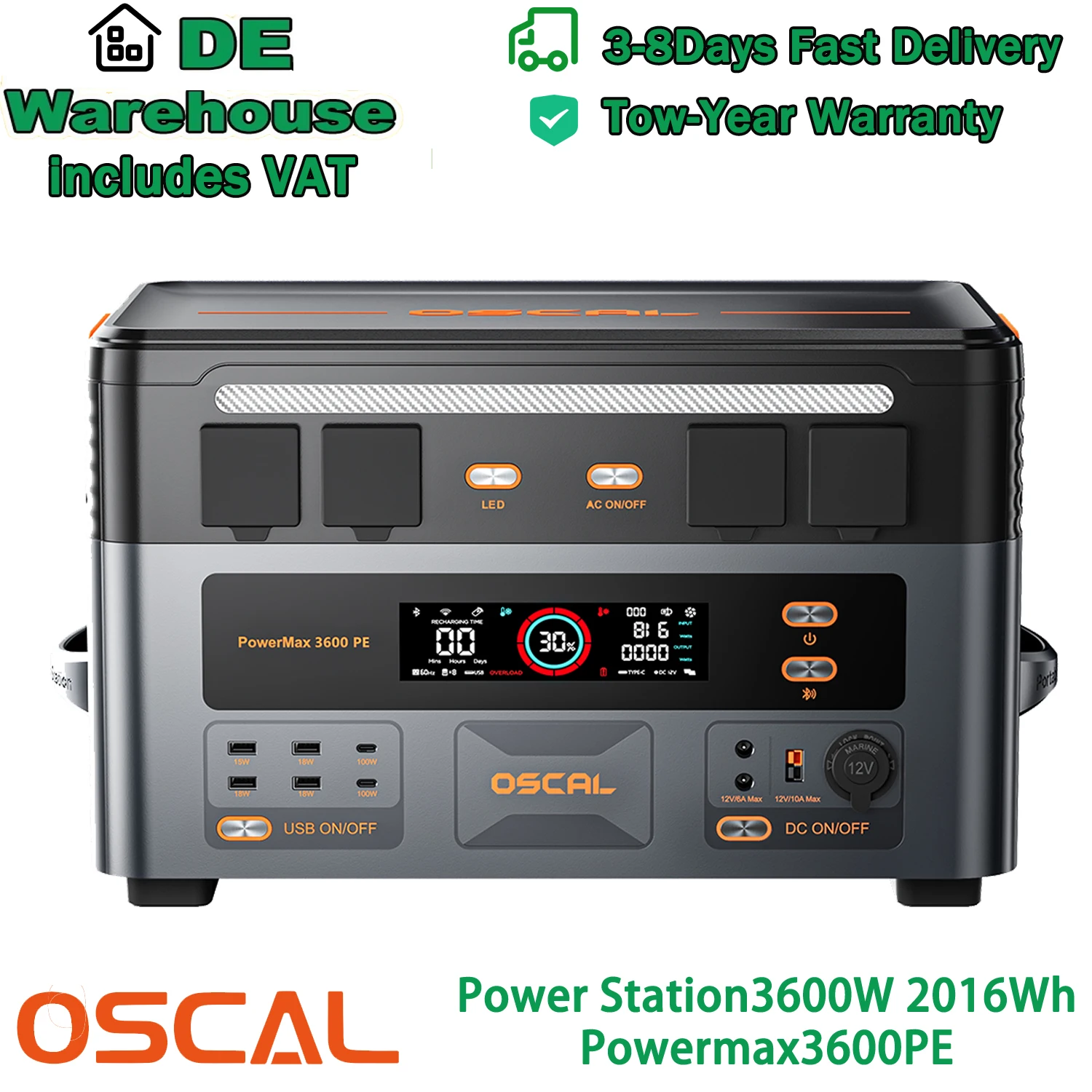 Estación de Energía OSCAL Mejorada 2016Wh 3600W PowerMax 3600PE con Carga Multimodo Ultrarrápida, Batería LiFePO4 de 2016Wh, Generador Solar con Potencia Pico de 7200W