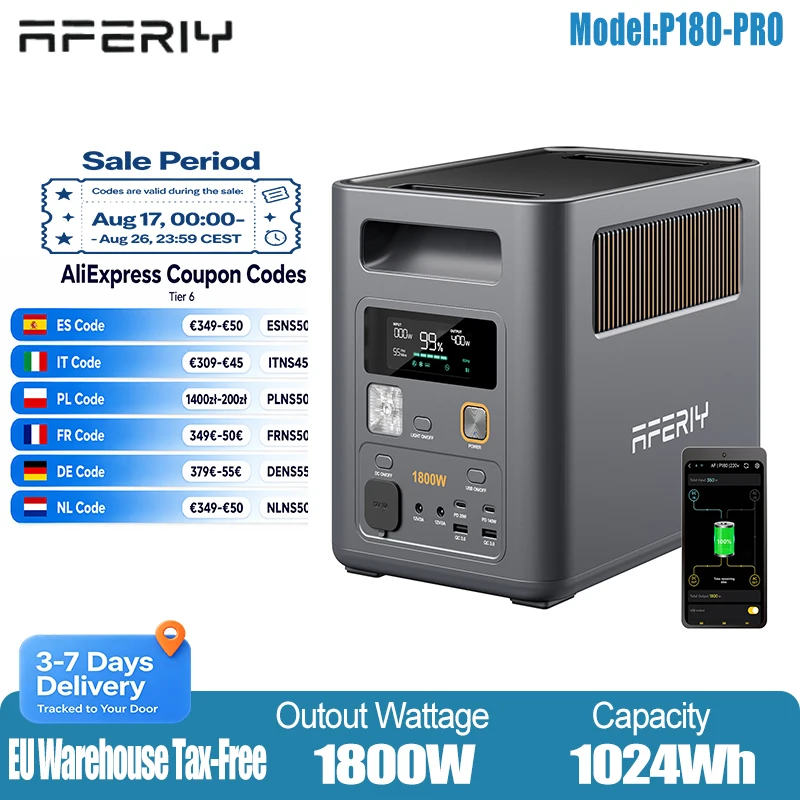 Estación de Energía Portátil AFERIY 1800 PRO, 1800W, Pico de 3600W, 1024WH, Generador Solar LIFEP04, Expandible a 5120WH, Suministro de Energía de Emergencia