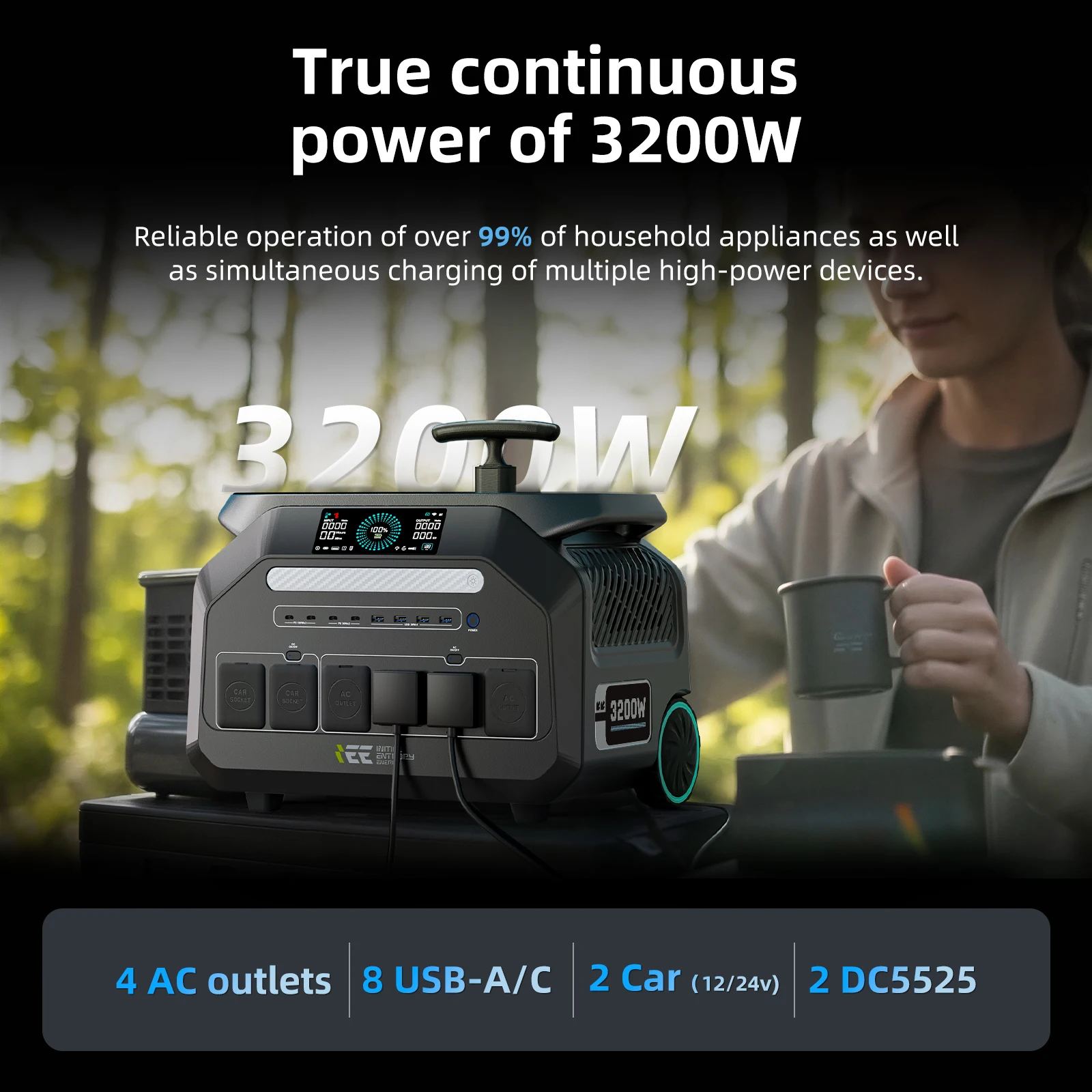 Estación de Energía Portátil IEE 2400W 3200W, Batería de Litio LiFePO4 de 64000Ah 2048Wh, Salida de CA, Carrito para RV, Camping, Furgoneta, Aplicación Móvil