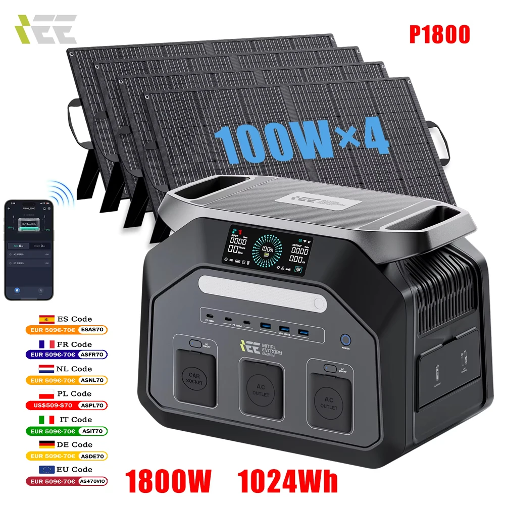 Estación de Energía Portátil IEE P1800, 1800W de Salida de CA, Generador Solar, Batería LiFePO4 de 1024Wh con Panel Solar para RV, Jardín y Camping