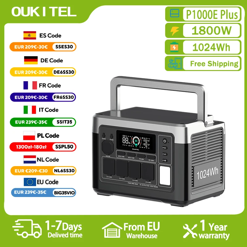Estación de Energía Portátil OUKITEL P1000 PLUS, Generador Solar de 1800W, Batería Lifepo4 de 1024Wh, Respaldo de Energía para el Hogar, Camping al Aire Libre, Energía Móvil