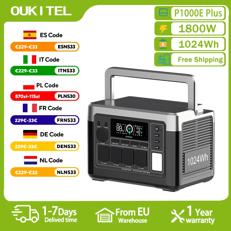 Estación de Energía Portátil OUKITEL P1000E Plus, Generador Solar de 1800W, Batería Lifepo4 de 1024Wh, Respaldo de Energía para el Hogar, Camping al Aire Libre, Energía Móvil