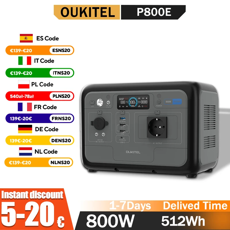 Estación de Energía Portátil OUKITEL P800E, 800W de Potencia de Salida, 512Wh de Capacidad, LiFePO4, para Familias, Campamentos al Aire Libre, Energía de Respaldo