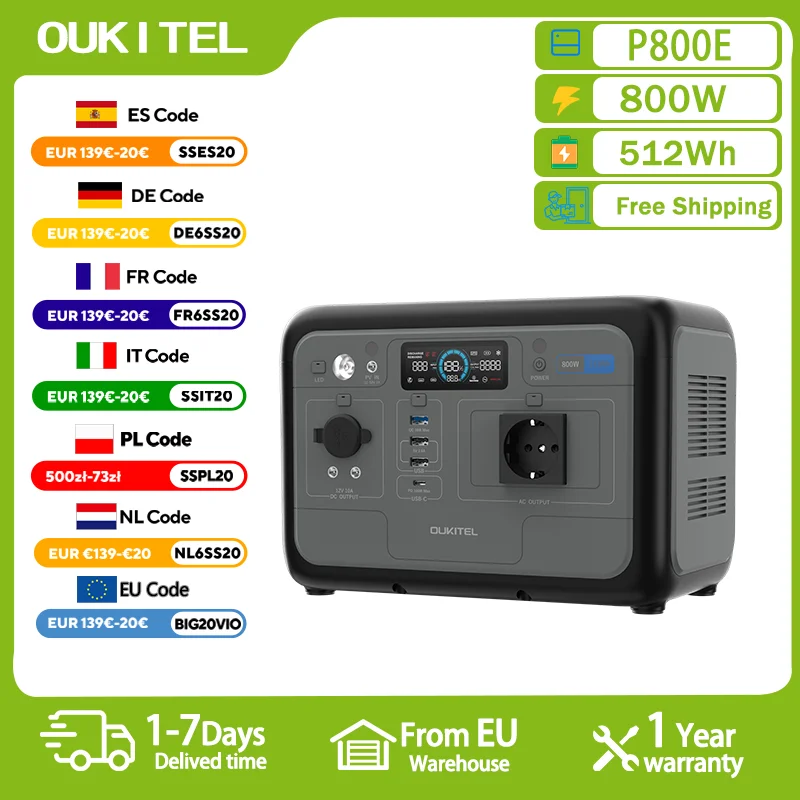 Estación de Energía Portátil OUKITEL P800E, Generador Solar de 800W, Batería Lifepo4 de 512Wh, Respaldo de Energía para el Hogar, Camping al Aire Libre, Energía Móvil