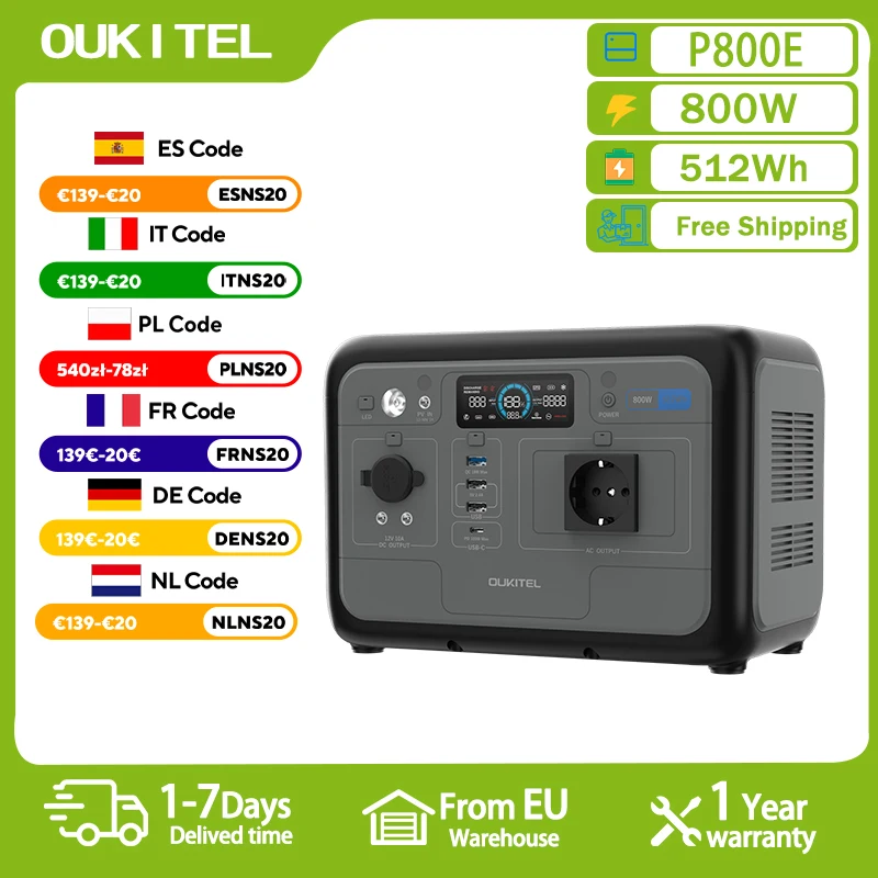 Estación de Energía Portátil OUKITEL P800E, Generador Solar de 800W, Batería Lifepo4 de 512Wh, Respaldo de Energía para el Hogar, Camping al Aire Libre, Energía Móvil