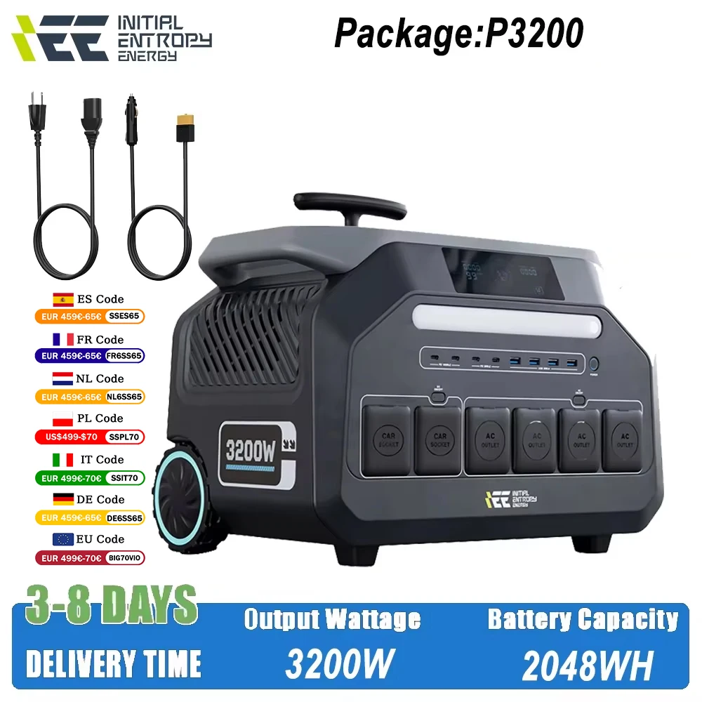 Estación de energía portátil IEE P3200 de 3200W (salida máxima de 6400W) con batería LiFePO4 de 2048Wh, salida de CA de 220V y carrito para caravanas y autocaravanas