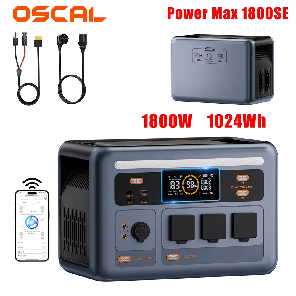 Estación de energía portátil OSCAL Power Max 1800SE de 1800W, batería Lifepo4 de 1024Wh, generador solar con salida de CA, control inteligente por aplicación para caravanas.
